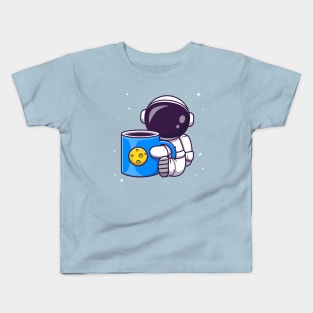 Cute Astronaut Holding Cup Coffee Space Cartoon Kids T-Shirt